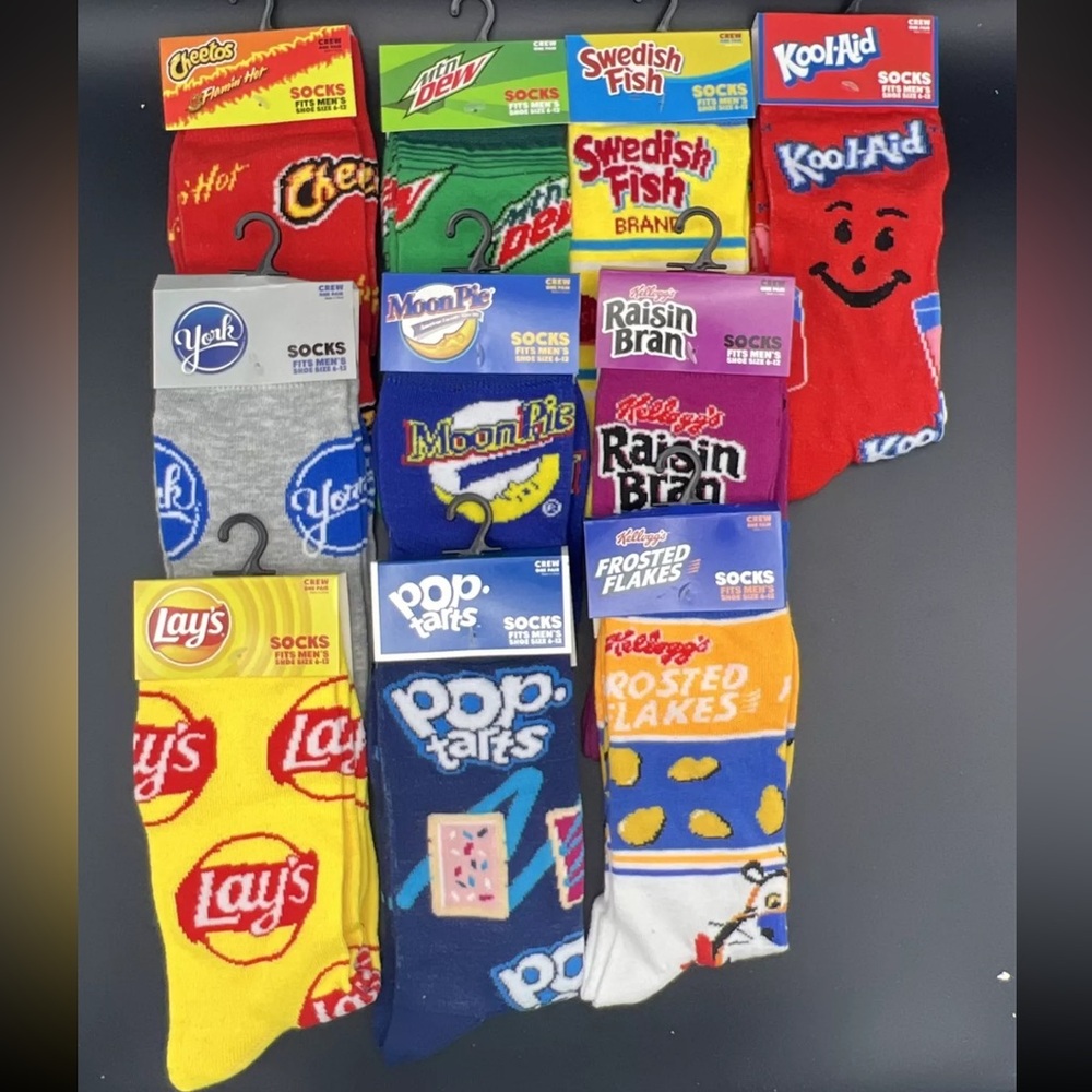 Frosted Flakes ,Pops , Raisin Bran,Lays, Moonpie, Etc.. Assorted Crew Socks